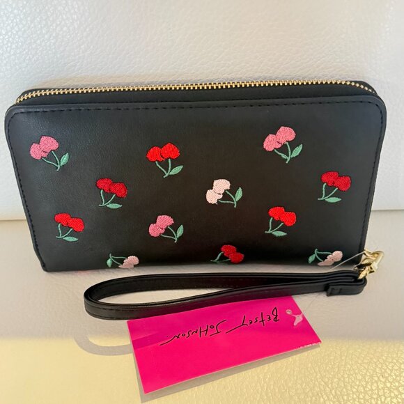 NWT BETSEY JOHNSON XOBECA -N TOTE CROSSBODY BAG WALLET SET BLACK W CHERRIES - Picture 7 of 8